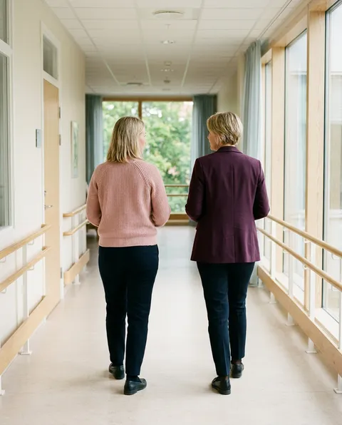 Konsultchef och avdelningschef i samtal i en ljus sjukhuskorridor
